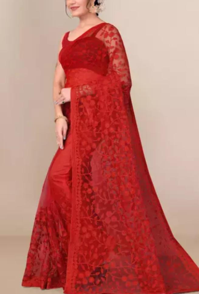 Buy Red Net Saree Floral Embroidered Border Online