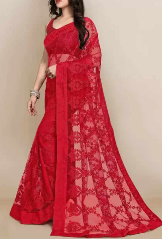 Buy Red Net Saree Floral Embroidered Border Online