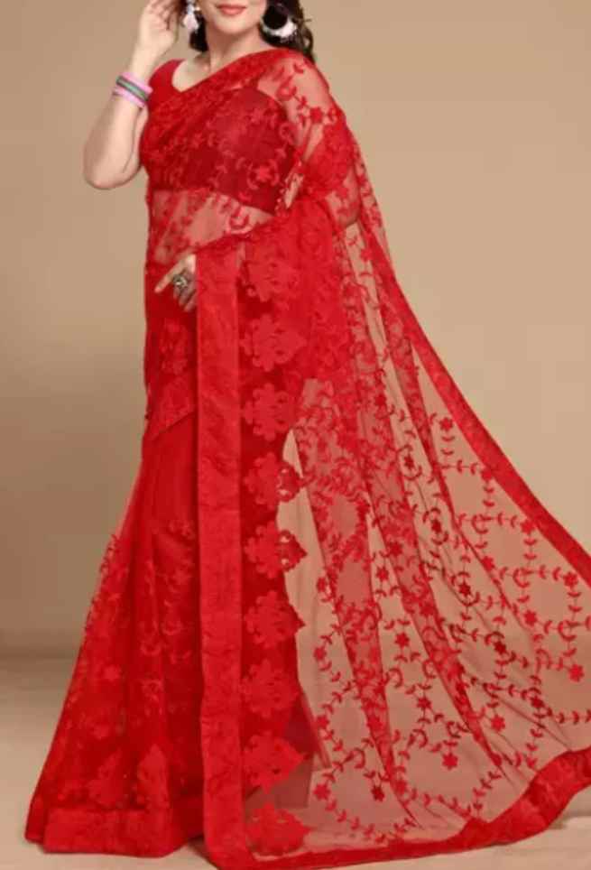 Buy Red Net Saree Floral Embroidered Online