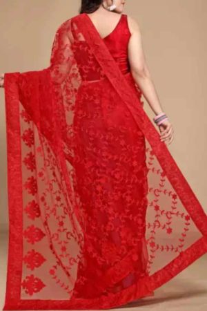 Buy Red Net Saree Floral Embroidered Online