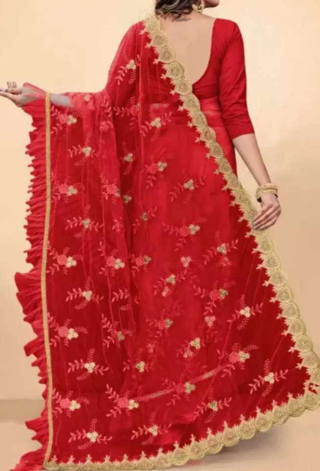 Buy Red Net Saree Floral Embroidered Ruffle Border Online