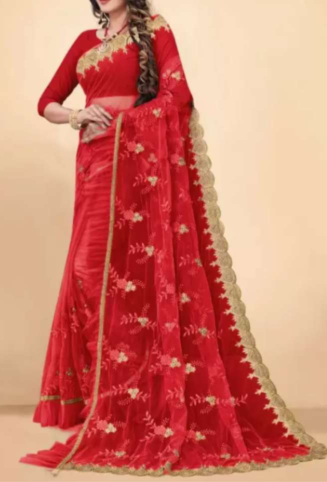 Buy Red Net Saree Floral Embroidered Ruffle Border Online