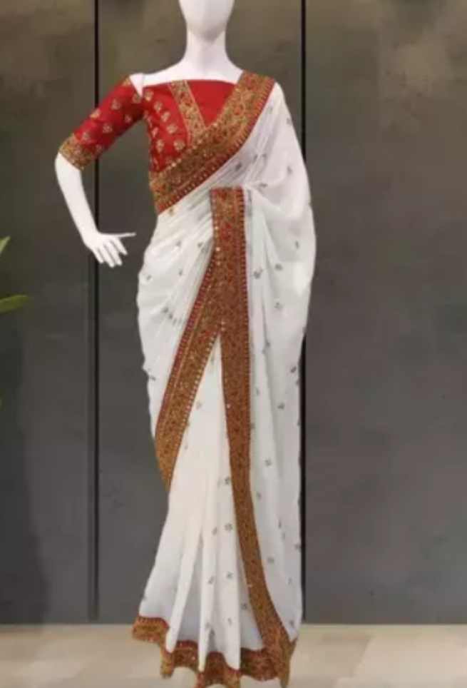 Buy White Silk Saree Floral Embroidery Work Online