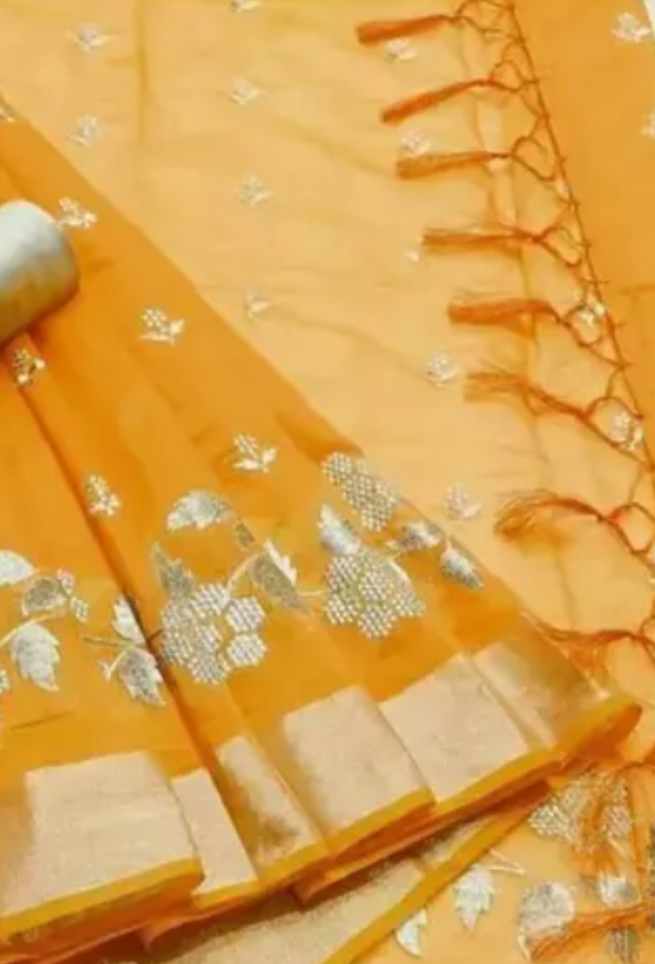 Buy Yellow Anzac Floral Silk Saree Zari Work Golden Border Online
