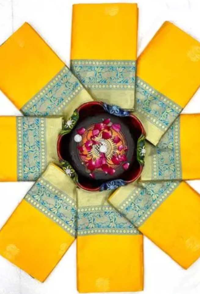 Buy Yellow Gold Floral Silk Saree Blue Border Zari Work Online