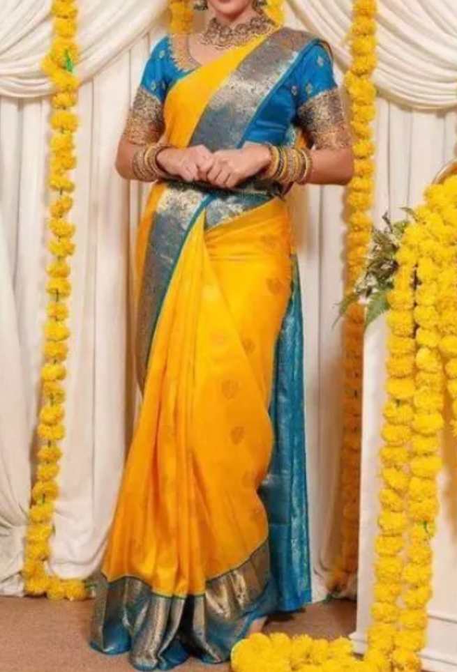 Grey Gold & Lemon Chanderi Tissue Silk Saree with Zari Lines on Pallu –  Roots Handloom