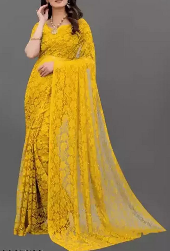 Buy Yellow Net Saree Floral Embroidered Work Online