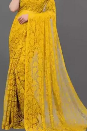 Buy Yellow Net Saree Floral Embroidered Work Online