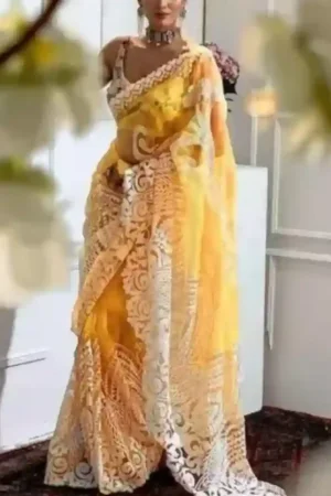 Buy Yellow Silk Saree Floral Embroidered Work Golden Border Online