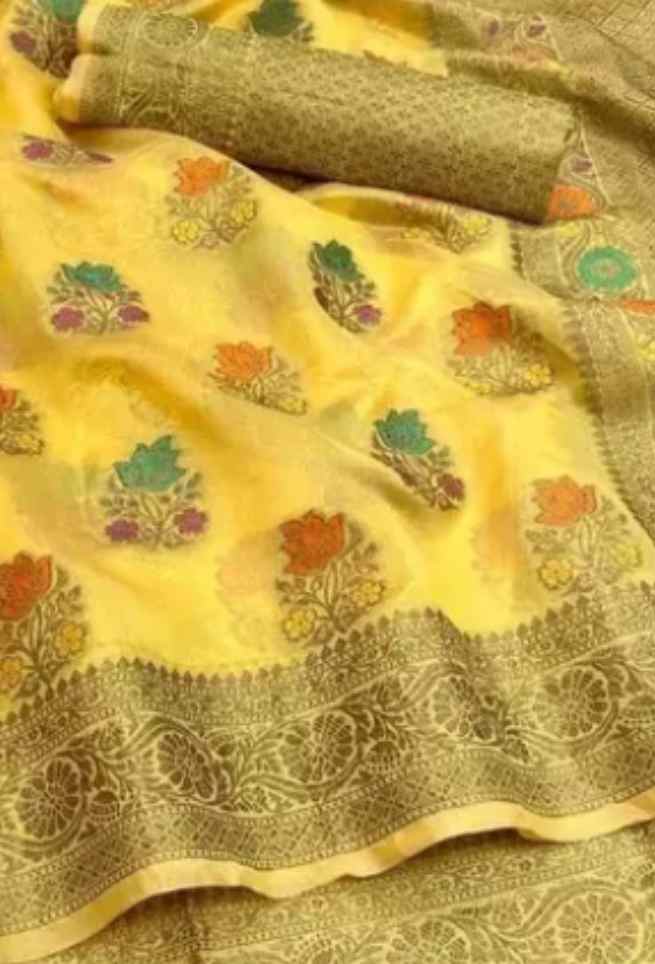 Buy Yellow Silk Saree Floral Embroidered Zari Woven Work Golden Border Online
