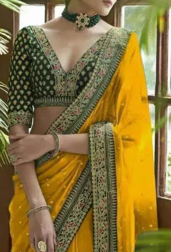 Buy Yellow Silk Saree Floral Embroidery Work Online