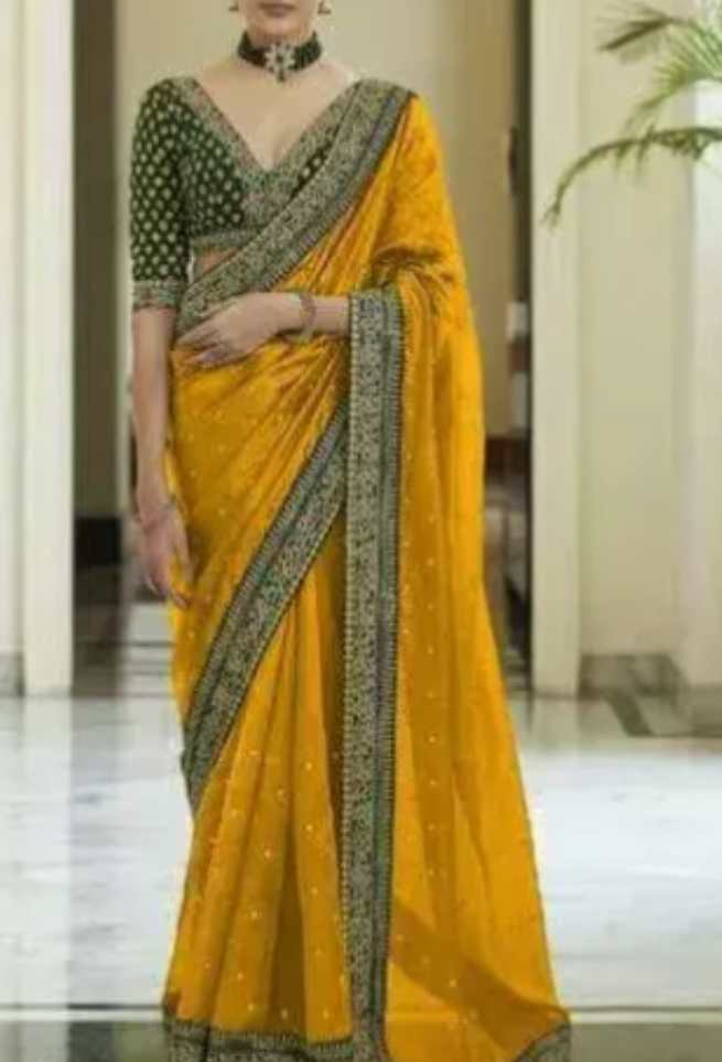 Buy Yellow Silk Saree Floral Embroidery Work Online