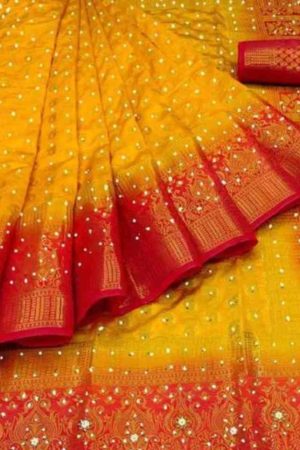 Buy Yellow Silk Saree Red Diamond Embroidery Work Border Online