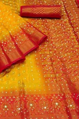 Peach art silk saree with same tone, gold embroidery having stone work in  floral design-D17075
