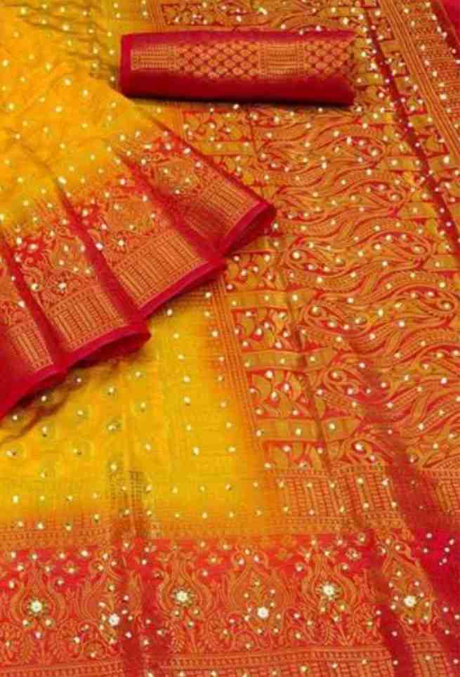 Buy Yellow Silk Saree Red Diamond Embroidery Work Border Online