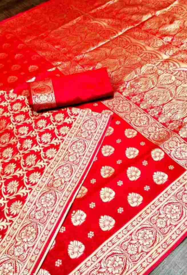 Buy Bridal Red Silk Saree Golden Floral Zari Work Online