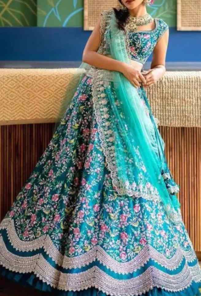 Buy Aqua Blue Semi Stitched Lehenga Choli with Embroidered Floral Work Designs Online