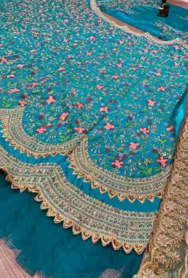 Buy Aqua Blue Semi Stitched Lehenga Choli with Embroidered Floral Work Designs Online