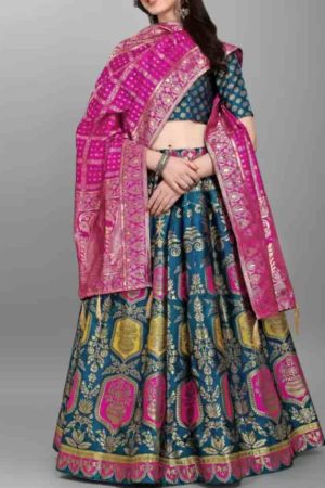 Buy Blue Semi Stitched Banarasi Lehenga Choli Embroidered Floral Work and Pink Dupatta Online