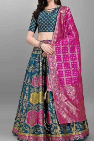 Buy Blue Semi Stitched Banarasi Lehenga Choli Embroidered Floral Work and Pink Dupatta Online