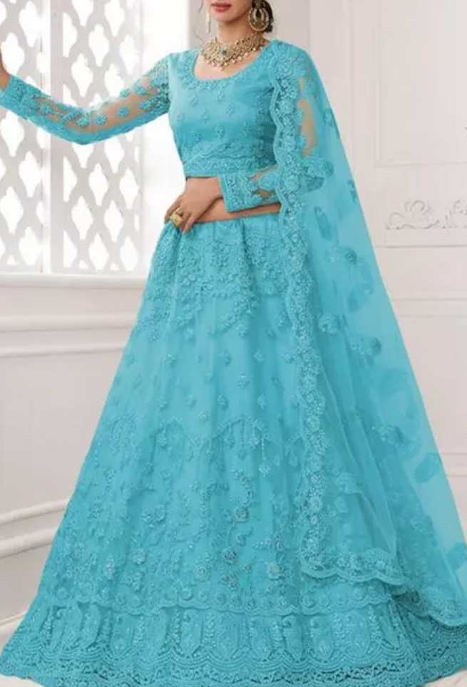 Buy Sky Blue Net Semi Stitched Lehenga Choli with Embroidered Floral Work Designs Online