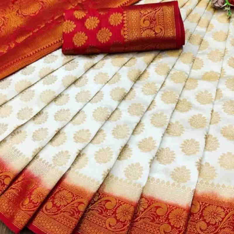 Off White and Tomato Red Soft Lichi Silk Saree for Women, Pooja Special  Banarasi Saree for Festivals, Jacquard Saree With Zari Weaving Work - Etsy  Canada | Red and white saree, Saree