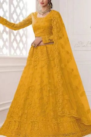 Buy Yellow Net Semi Stitched Lehenga Choli with Embroidered Floral Work Designs Online