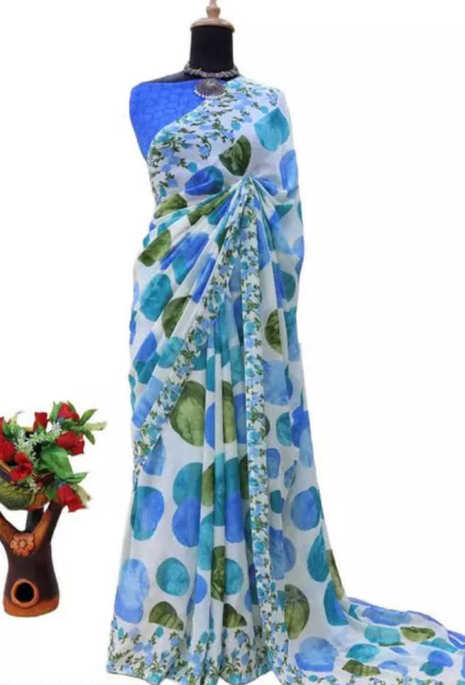Buy Aqua Blue Polka Dot Georgette Saree Floral Border Online