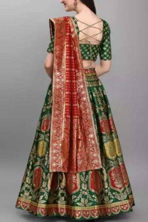 Buy Green Semi Stitched Banarasi Lehenga Choli Embroidered Floral Work Red Dupatta Online