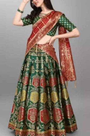 Buy Green Semi Stitched Banarasi Lehenga Choli Embroidered Floral Work Red Dupatta Online