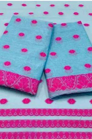Buy Pink Floral Polka Dot Blue Cotton Saree Online