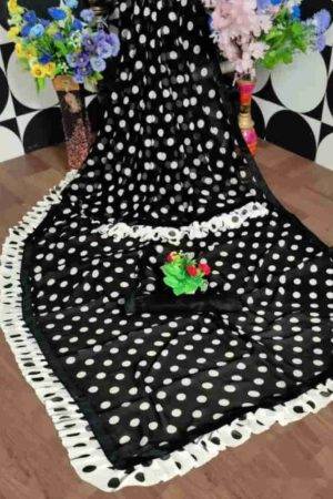 Buy White Polka Dot Black Georgette Saree Ruffle Lace Online