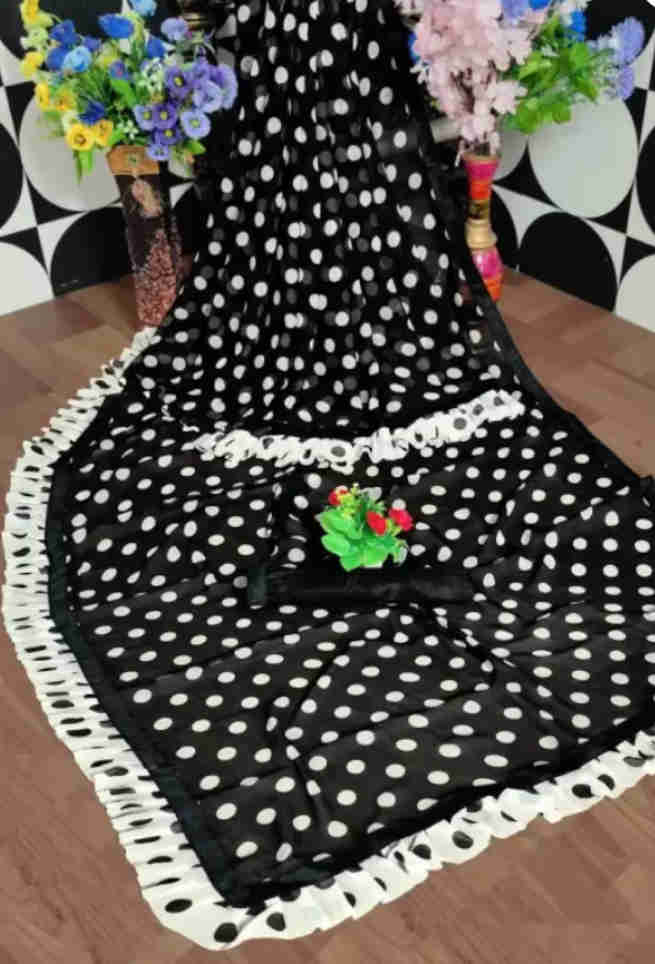 Buy White Polka Dot Black Georgette Saree Ruffle Lace Online