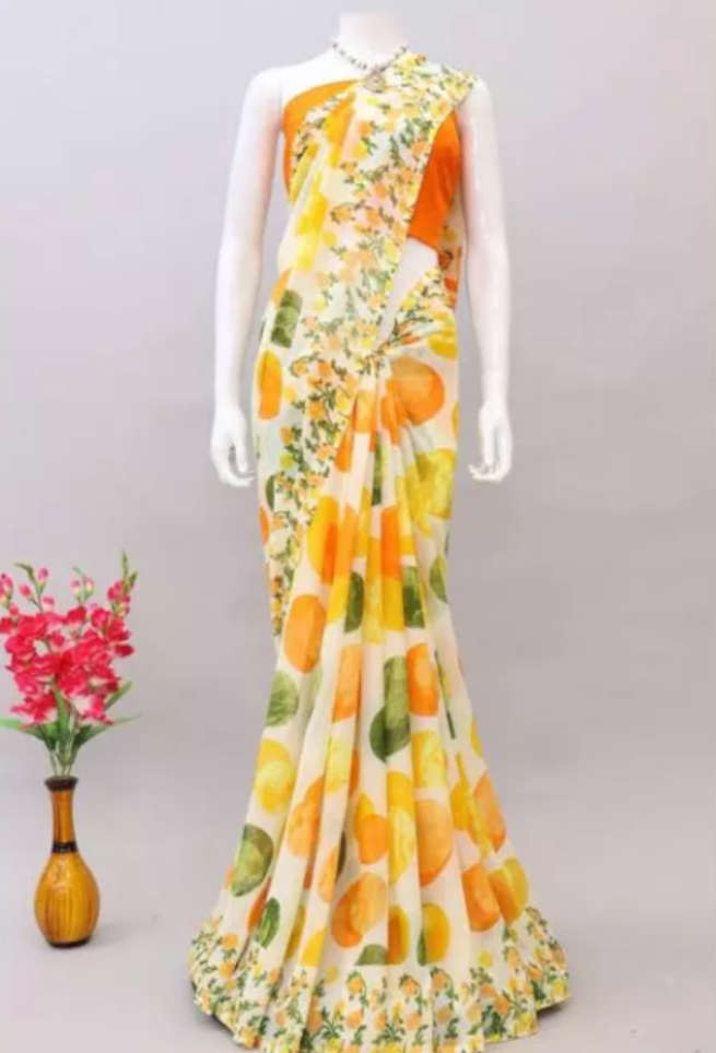 Buy Yellow Orange Polka Dot Georgette Saree Floral Border Online