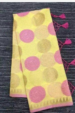 Buy Yellow Polka Dot Saree Pink Golden Motif Zari Design Online