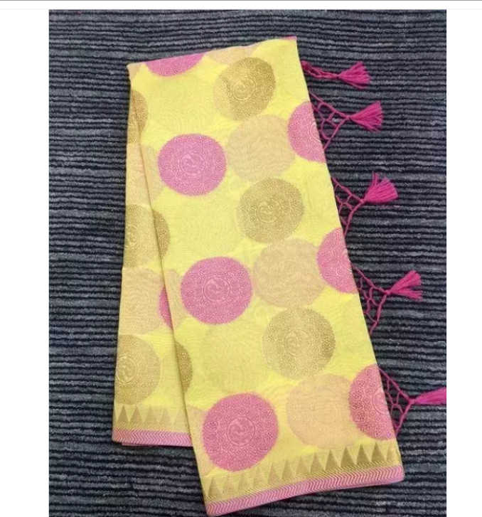 Buy Yellow Polka Dot Saree Pink Golden Motif Zari Design Online