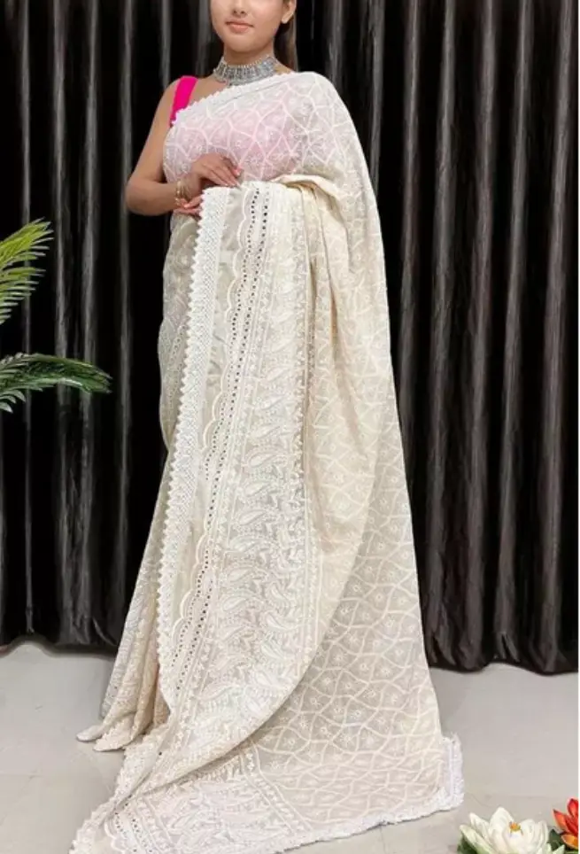 Buy Lotus White Chikankari Saree Embroidered Floral work Online