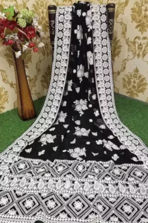 Buy Coal Black Chikankari Saree White Floral Embroidered work Border Online