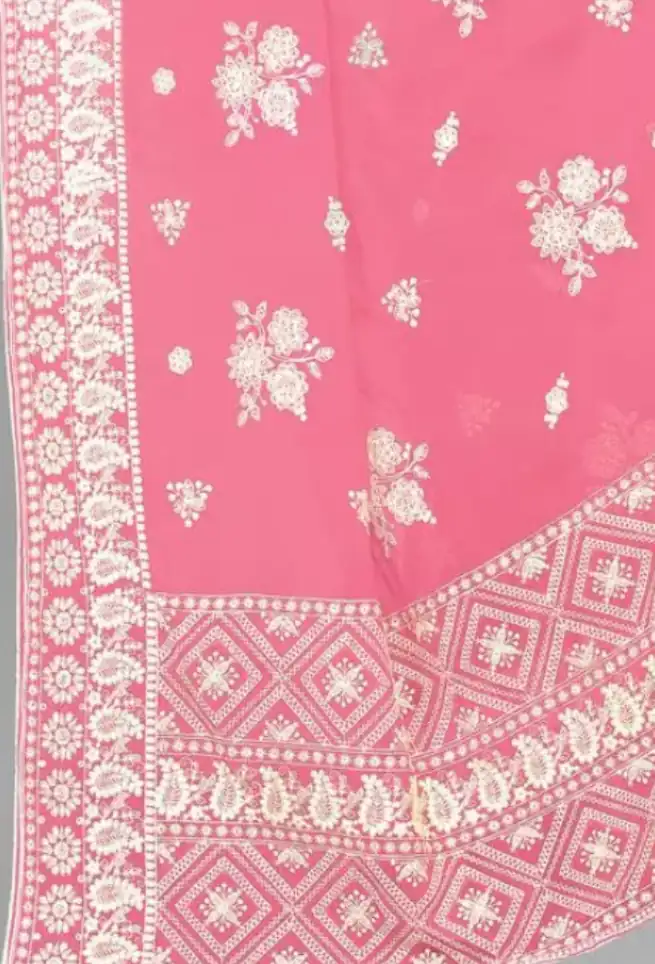 Buy Pink Chikankari Saree White Floral Embroidered work Border Online