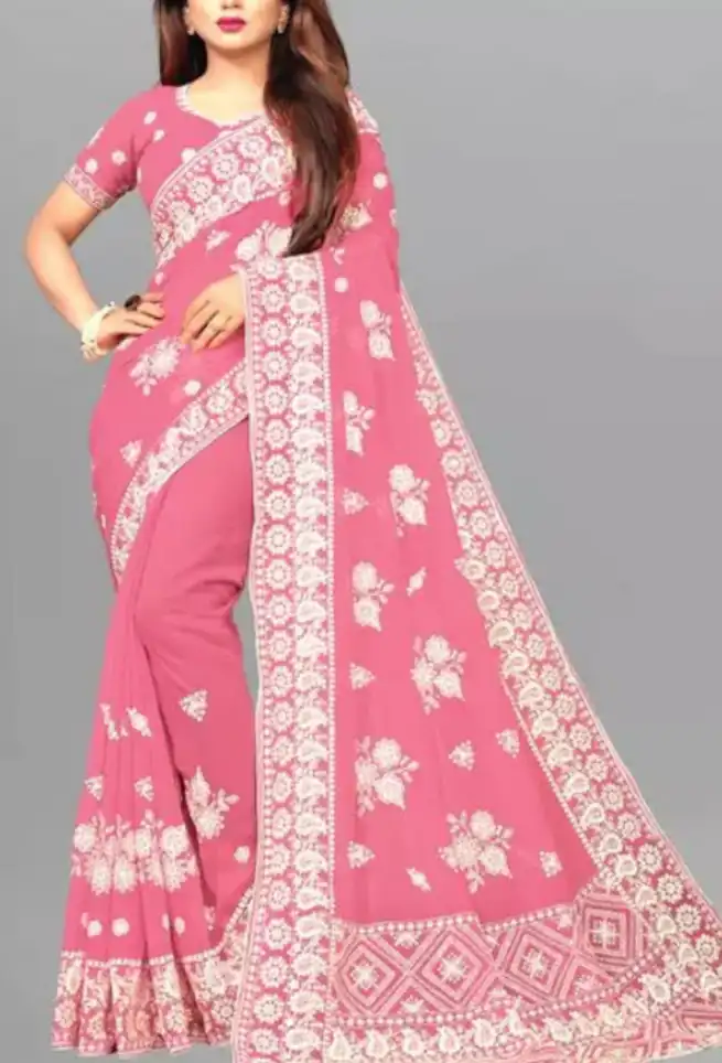 Buy Pink Chikankari Saree White Floral Embroidered work Border Online