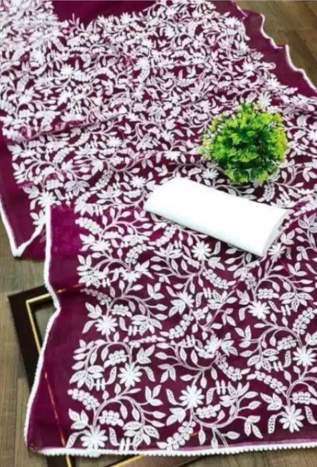 Buy Purple Chikankari Saree White Floral Embroidered work lace Border Online