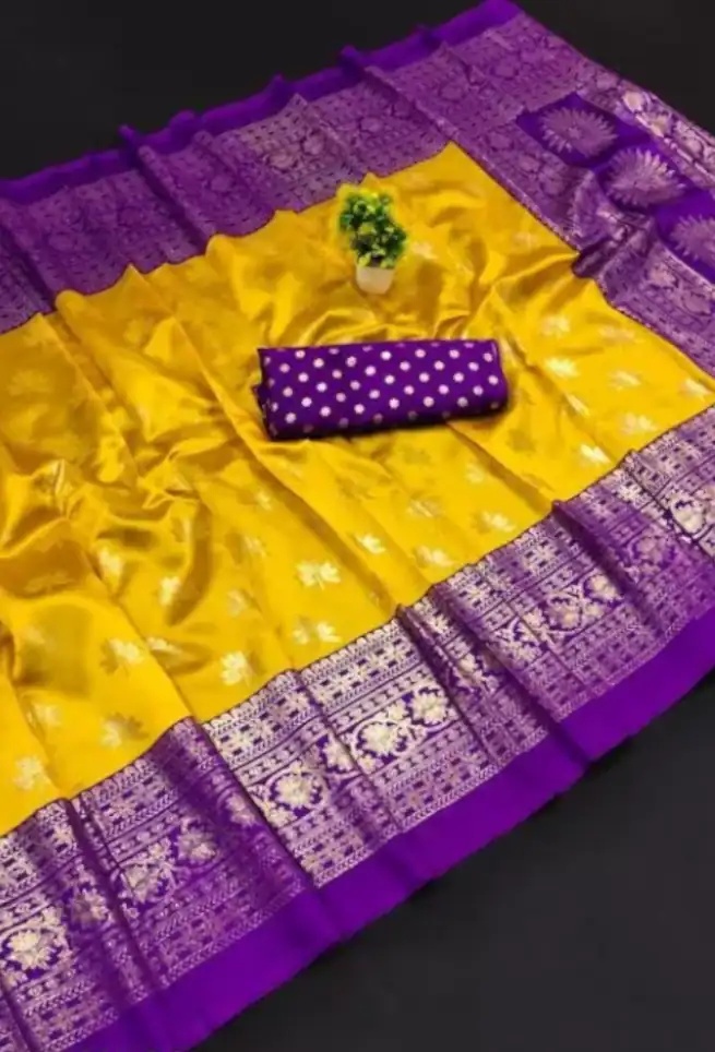 Buy Yellow Chikankari Saree Purple Border Floral Golden Embroidered work Online
