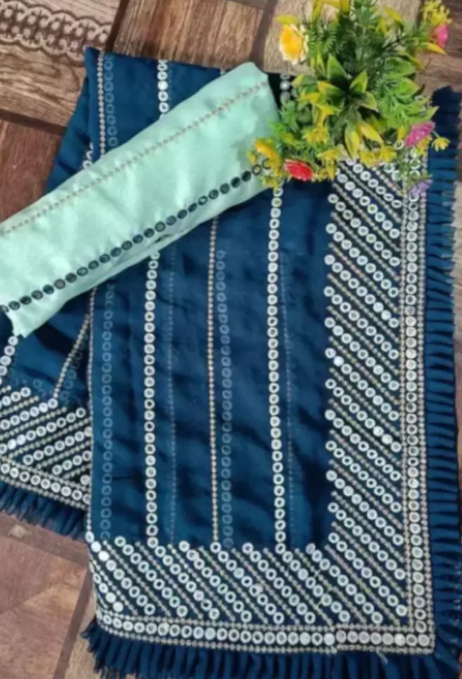 Buy Blue Chikankari Saree Diamond Embroidered work Online
