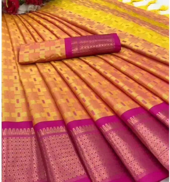 Buy Orange Silk Saree Checked Work Pink Golden Border Online | trendwati