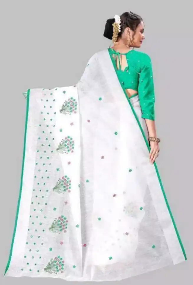 Buy White Saree Floral Green Border Online