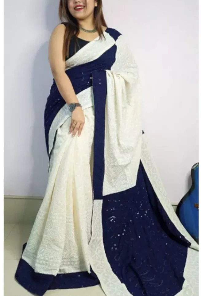 Buy White Blue Chikankari Saree Floral Embroidered Online
