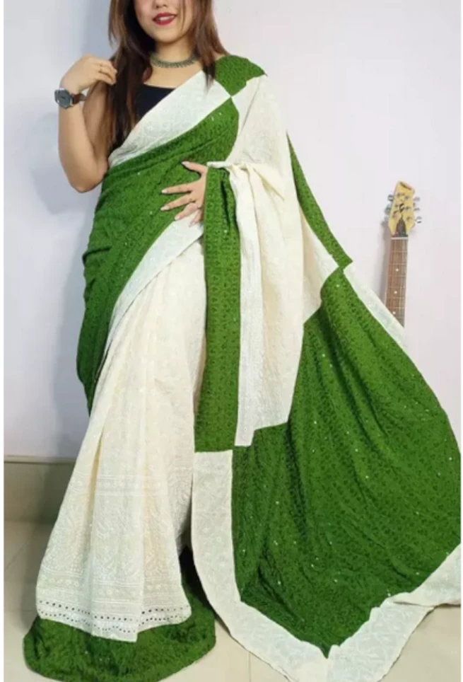 Buy White Green Chikankari Saree Floral Embroidered Online