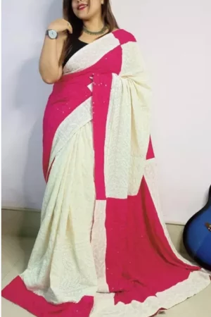 Buy White Pink Chikankari Saree Floral Embroidered Online