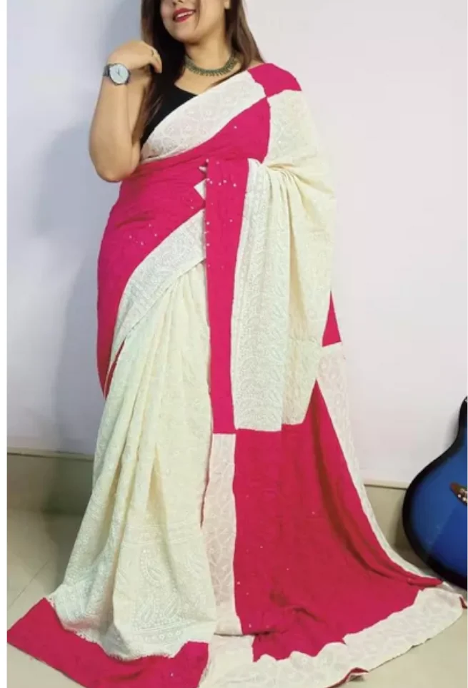 Buy White Pink Chikankari Saree Floral Embroidered Online