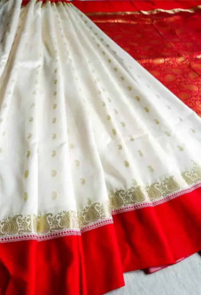 Buy White Saree Golden Butti Work Red Border Online